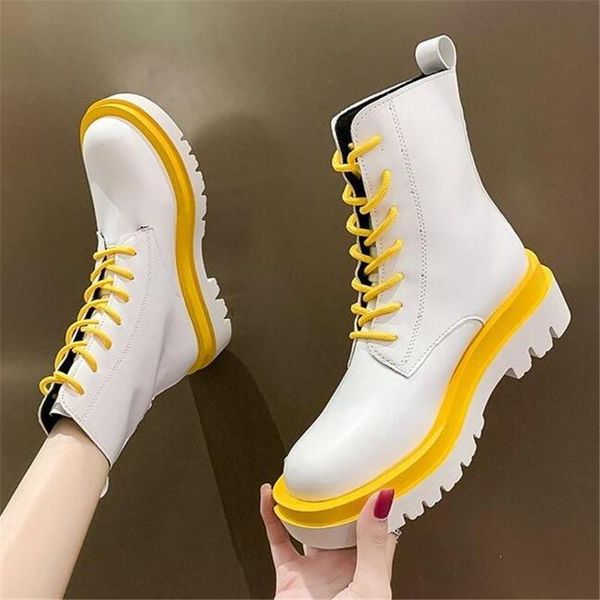 

boots spring autumn women platform ankle chunky leather lace up motorcycle ladies fashion black white waterproof booties