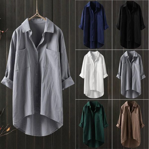 

women's t-shirt linen blouse shirt roll-up sleeve plus size button tunic pockets fft, White