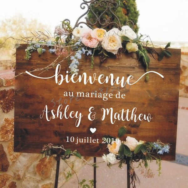 Specchio da matrimonio in stile francese Decalcomania in vinile Nomi personalizzati Adesivo murale Segno di benvenuto Murales Mariage romantico