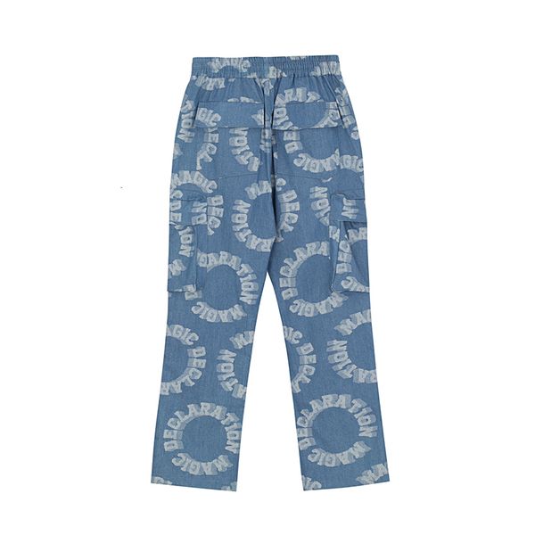 

new 2021 high street letter print pockets jeans mens drawstring wide leg casual denim trousers oversize washed loose cargo pants 6eds, Blue