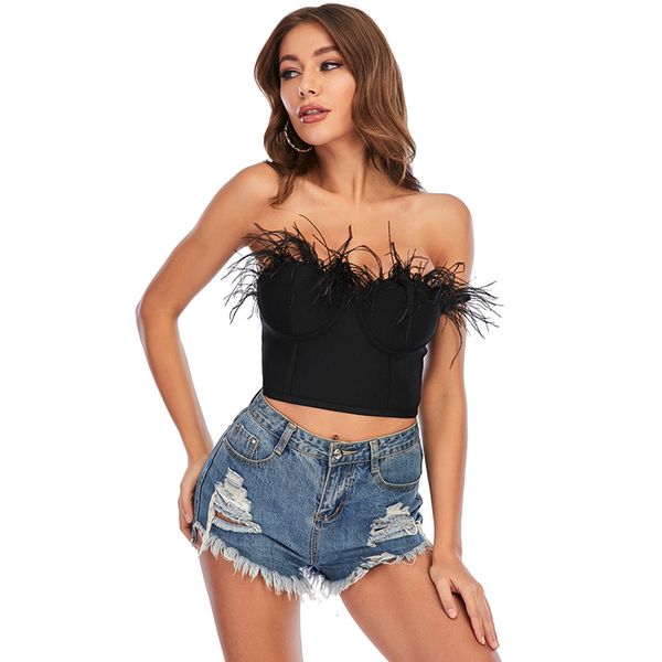 

new arrival women luxury strapless backless feather black camis 2021 celebrity designer fashion high street aeln, White