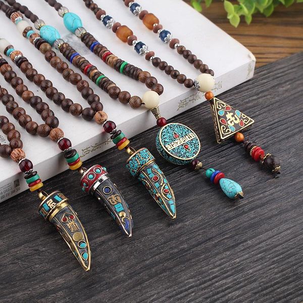 

pendant necklaces weiyu handmade nepal jewelry buddhist mala wood beads necklace ethnic ox horn long statement for women men, Silver