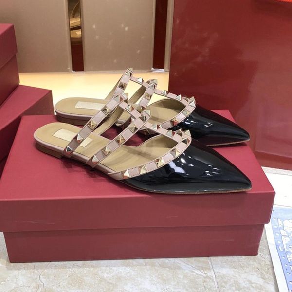 

slippers 2022 luxury black flat women brand v rivets sandals summer shoes for genuine leather
