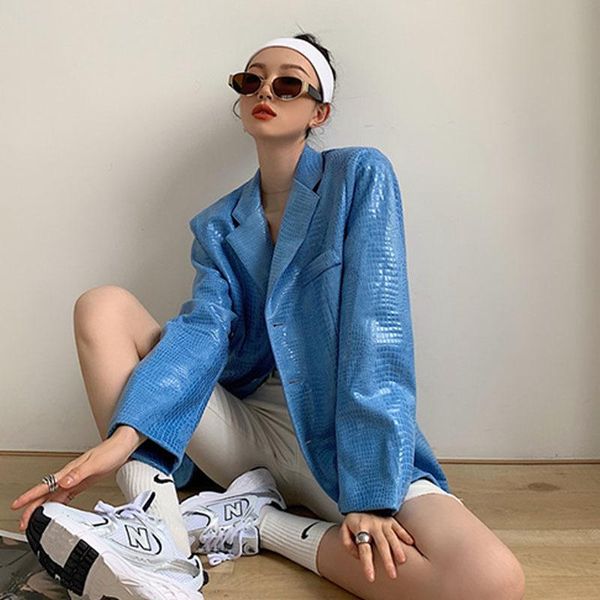 

women's leather & faux 2021 spring autumn high fashion blue jacket women shoulder pad blazer ladies coat, Black