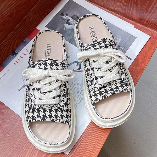 

sandals 2021 fashion women's shoes baotou half slippers platform sneakers summer solid color lace-up casual, Black