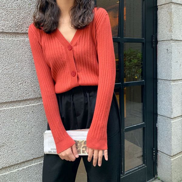 

2021 new short style solid basic woman's knitted cardigan casual long sleeve ladies sweaters v-neck female knit with buttons u15d, White;black