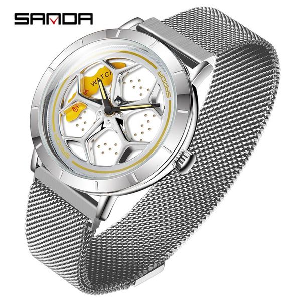 

wristwatches fashion sanda brand men mesh steel watch luxury calendar quartz wrist business casual for man clock relogio masculino, Slivery;brown