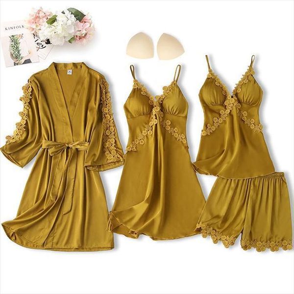 

lace 4pcs robe set women sleepwear satin appliques kimono bathrobe v neck lingerie casual loose pajamas home clothes suits, Black;red