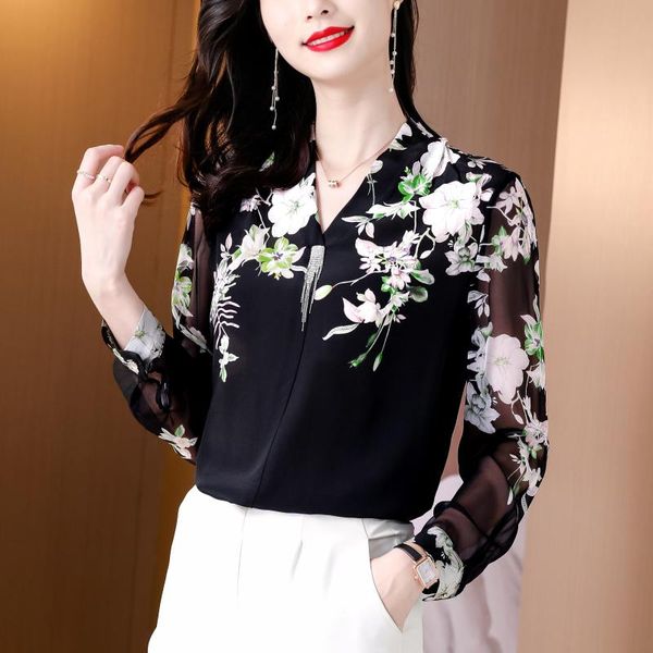 

women's blouses & shirts houthion silk satin slim fashion short sleeve casual blouse flowers v-neck pullover summer blusas, White