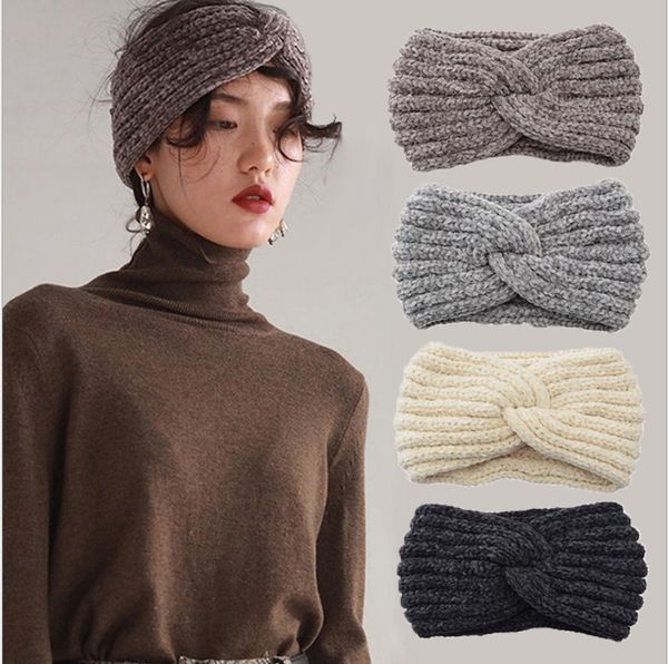 

women girls handmade hairband woven headband cross knotted knitted corduroy warm ear hair band autumn winter turban hair accessories, Slivery;white