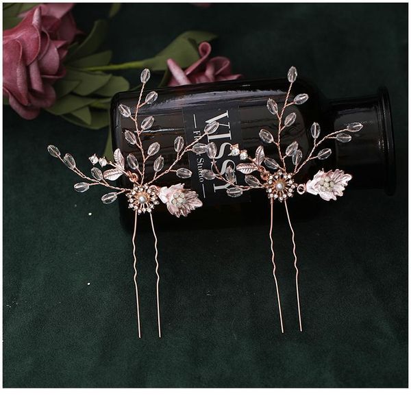 

five-piece fashion rose gold wedding hair comb flower tiara handmade pearl headdress prom earrings hair clip bridal hai qylcek