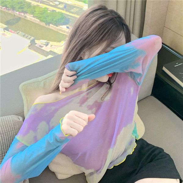 

women's t-shirt tie dye mesh long sleeve t shirt women aesthetic summer sky print tshirt frill crop tee purple vintage korean fashion, White