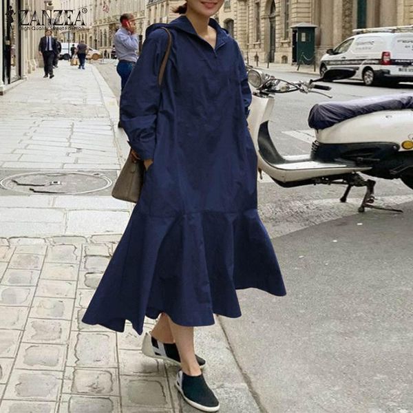 

casual dresses zanzea fashion hoodies midi dress 2021 spring ruffle vestidos female chic zipper loose womens elegant solid robe, Black;gray