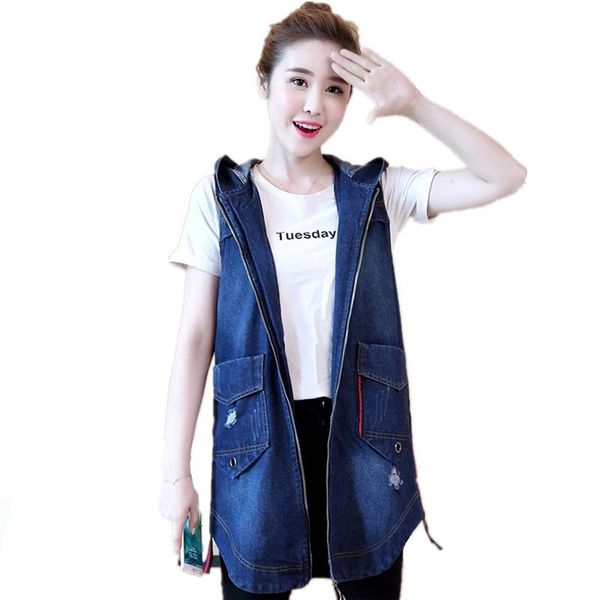 

long denim waistcoat women spring autumn sleeveless hooded vest plus size 4xl 5xl hole vest casual jacket female, Black;white