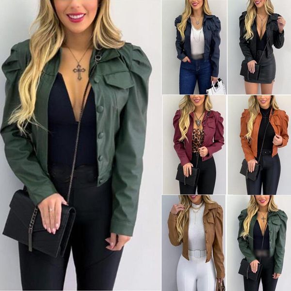 

autumn pu leather pleated women short jacket long sleeve turn-down collar single breasted female solid casual lady coat, Black;brown