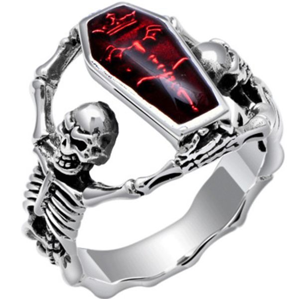 

vintage punk skull ring men hip hop engagement ring male fashion red zircon rings for women jewelry, Silver