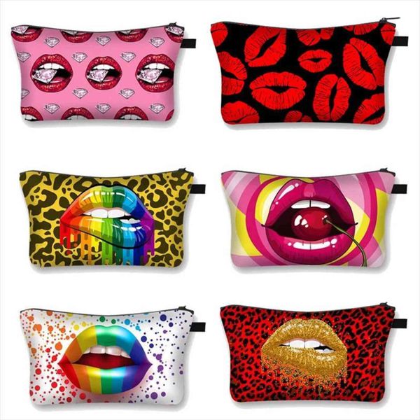 

red lip 3d printing cosmetic bags makeup with multicolor pattern cute girls cosmetics pouchs for ladies pouch women bag