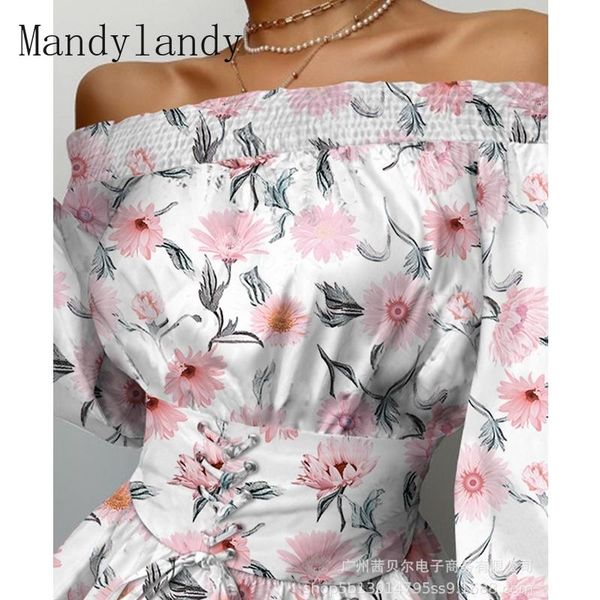 

women's blouses & shirts mandylandy summer lantern sleeve bandage slim fit slash neck ruffle stitching shirt casual floral print blouse, White