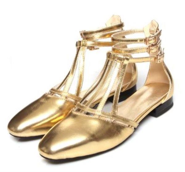 

sandals with box genuine leather women's round toes shoes cow high heels dress roman style metallic colour flats z614, Black