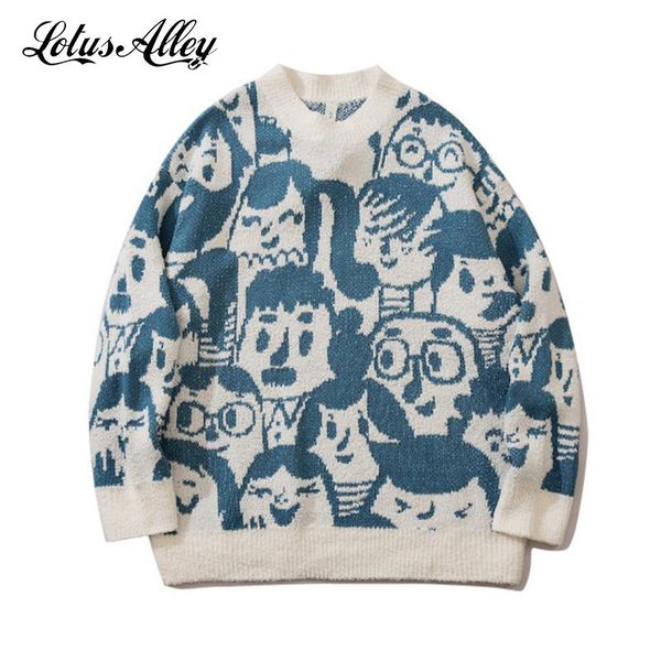 

women's sweaters cartoon print knitted jumper wool blends oversize sweater vintage loose pullover winter knit ladies top, White;black