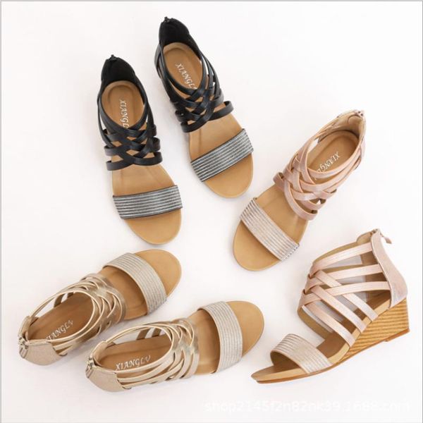 

sandals 2021 slope heel roman female bohemian ethnic style retro open-toed holiday travel women's shoes, Black