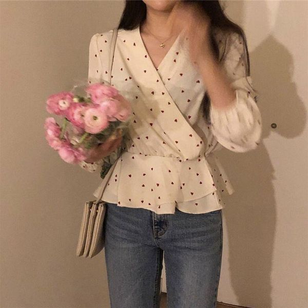 

2021 women's blouse spring new heart shape print shirt fashion sweet v-neck long-sleeved chiffon shirts for ladies, White