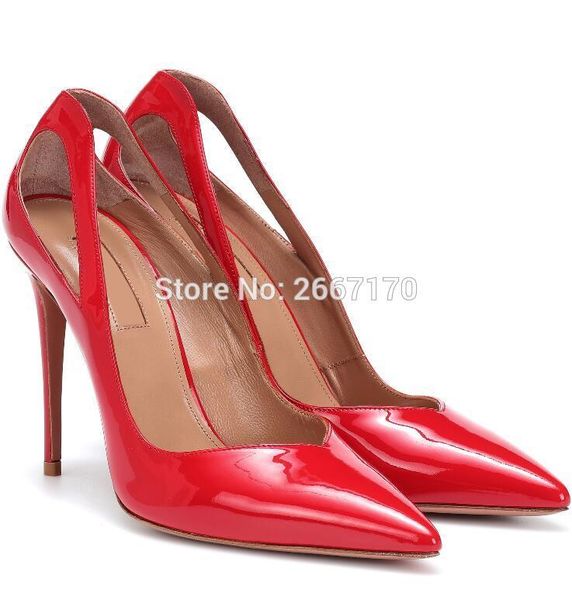 

fashion lady party shoes women red patent leather thin heels cut outs pumps slip on heels pointed toe stilettos dress shoes, Black