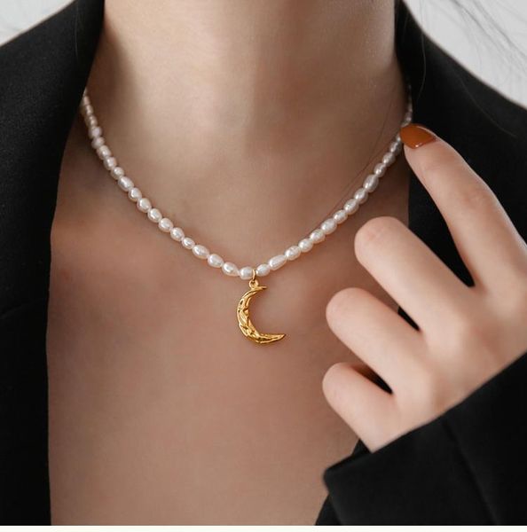 

chokers timeless wonder titanium natural pearl moon choker necklace women stainless steel jewelry kpop goth party designer ins 2022, Golden;silver