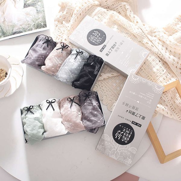 

new cotton crotch lace underwear transparent temptation hollow mh women's middle waist fun triangle pants, Black;white