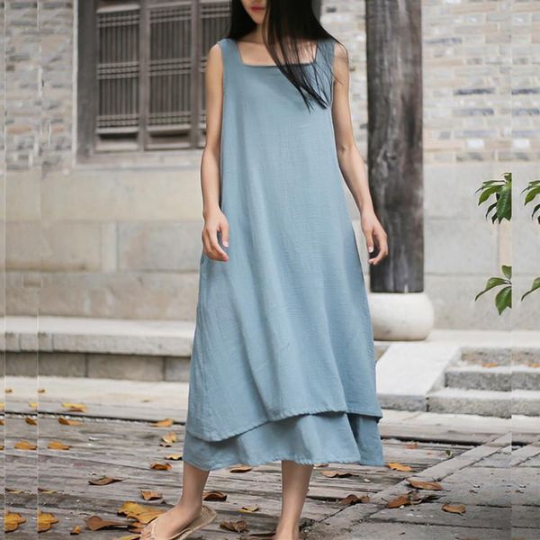 

casual dresses female summer dress cotton linen simple loose long pure color big pendulum vestido literature slash neck one piece, Black;gray