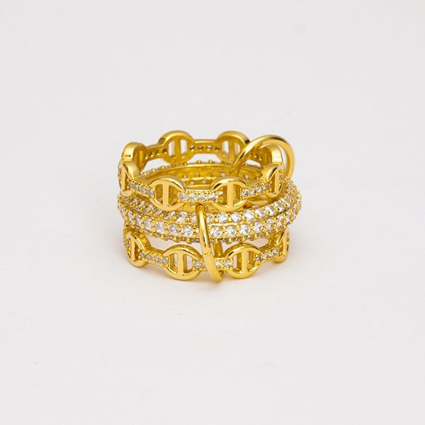 

style design small group light luxury triple zircon 18k real gold ring set, Golden;silver