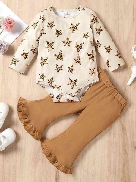 

baby leopard and star print bodysuit & frilled flare leg pants she, White