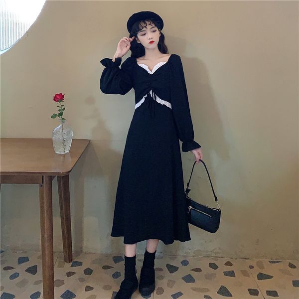 

black gothic dress women designer lace-up midi dress chic casual korean style party vintage dress 2020 autumn womens clothing, White;black