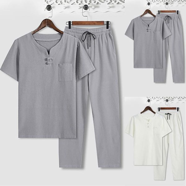 

men's tracksuits 2021 chinese traditional clothing set short sleeves exercises fashion casual t-shirt trousers mens, Gray