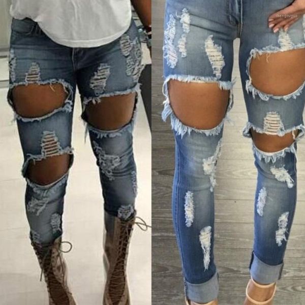 

women's jeans fashion streetwear low waist ripped skinny for women big hole trousers pants ladies long s-xxl, Blue
