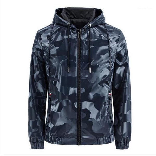 

leather hoodie windbreaker men casual jacket hooded camouflage zipper pu jackets men's outwear fur & faux, Black