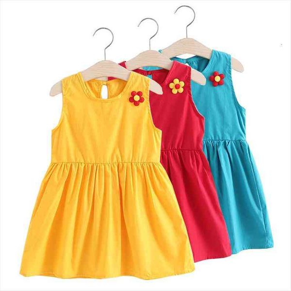 

girls summer clothing brand girl dress printed flower cotton and linen sleeveless simple vest thin casual, Red;yellow