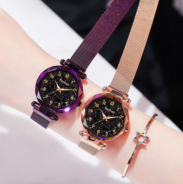 

wristwatches luxury luminous women watches starry sky magnetic female clock wrist waterproof rhinestone relogio feminino montre femme, Slivery;brown