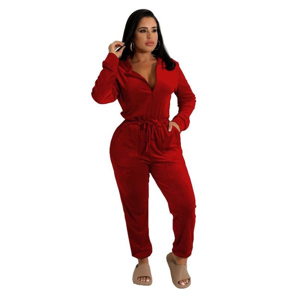

yoga outfit fall winter female hooded jumpsuit solid plus size zip up long sleeve velvet rompers women sportswear running set