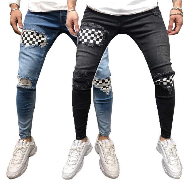 

2021 fashion hip hop male jeans streetwear casual hole broken pencil pants biker masculino denim overalls mens pants x0621, Blue