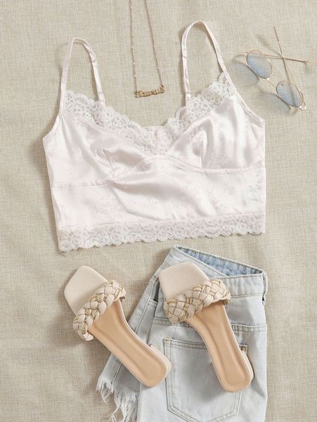 

lace trim jacquard bustier cami crop e3kf#, White