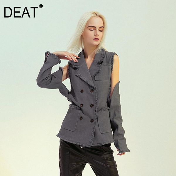 

women's suits & blazers [deat] notched collar tassel off the shoulder double breasted suit broken sleeve grey patchwork long 2021 sprin, White;black