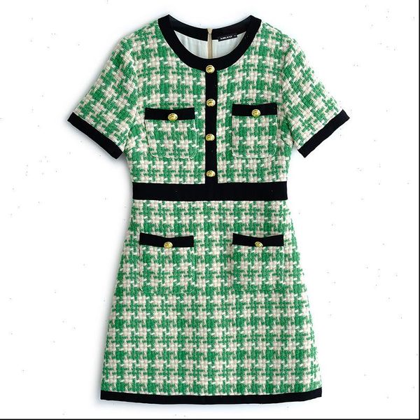 

green black knitted o neck houndstooth button short sleeve empire plaid mini dress summer d2585 drop shipping, Black;gray