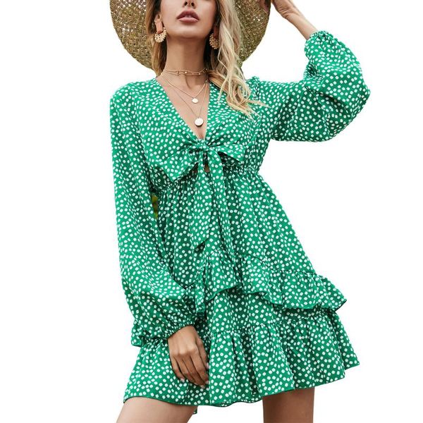 

casual dresses women fashion v-neck polka dot dress stylish long sleeve for ladies female, Black;gray