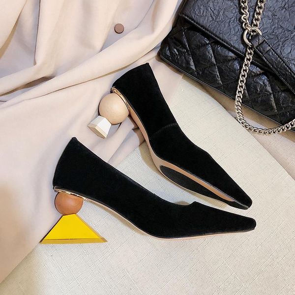 

dress shoes woman strange heel geometric black/beige suede pointed toe shallow basic for career&office fall 2021 style