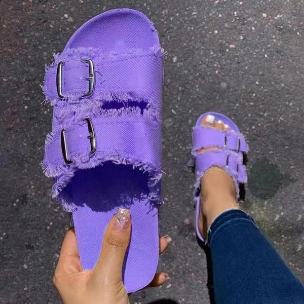 

slippers women casual shoes slides 2021 denim designed sandal open toe flat slip on buckle plus size 10.5, Black