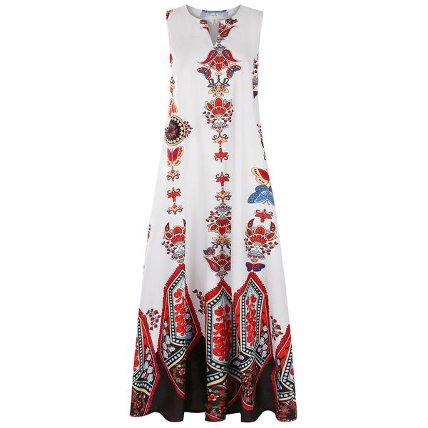 

women summer dress plus size vintage ethnic style print daily casual sleeveless vintage bohemian v neck maxi dress sundress s-5xl, Black;gray