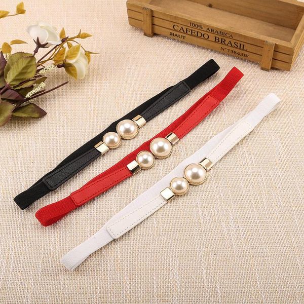 

belts women double pearl belt female black red white dress skirt waist elastic thin ladies designer waistband, Black;brown