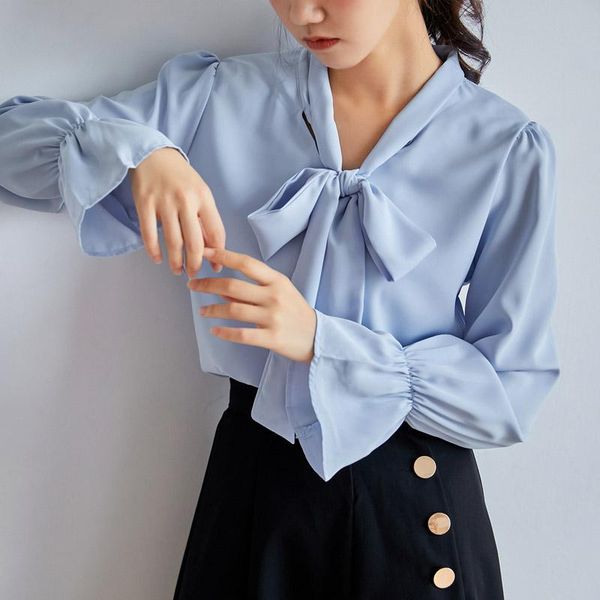 

women's blouses & shirts blouse women office lady korea style long sleeve chiffon solid loose bow straight v-neck blusas womens and, White