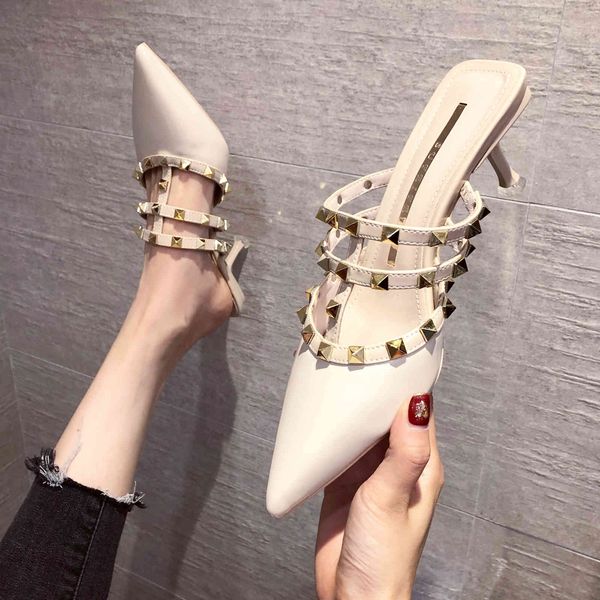 

338-7 liuding 2021 summer baotou sandals pointed high women's sho thin heels shallow mouth casual daily sheet, Black